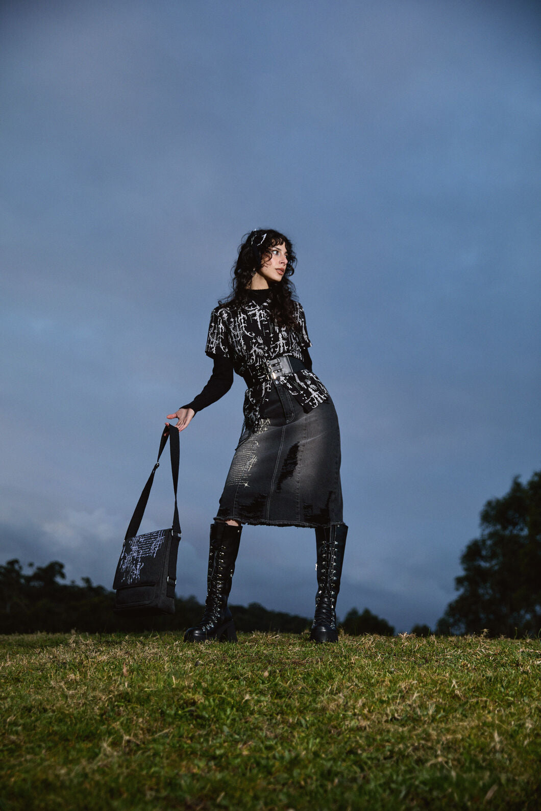 Black Friday - Sigil DistressedDenimMidiSkirt - black