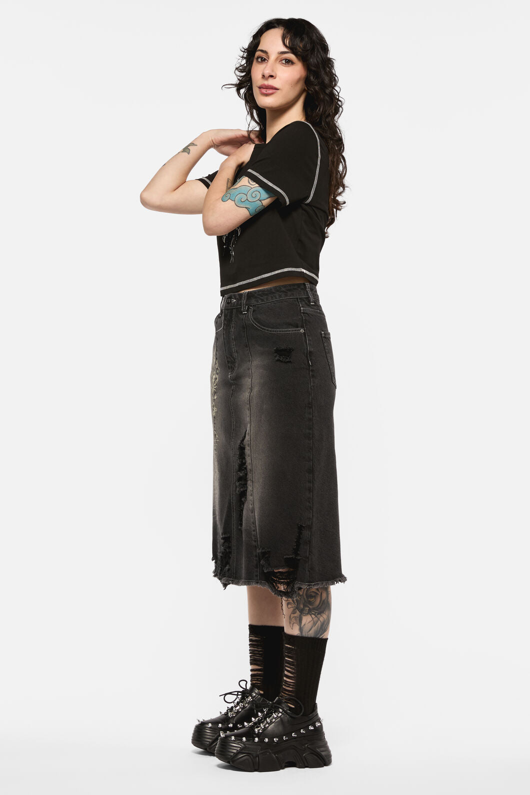 Black Friday - Sigil DistressedDenimMidiSkirt - black