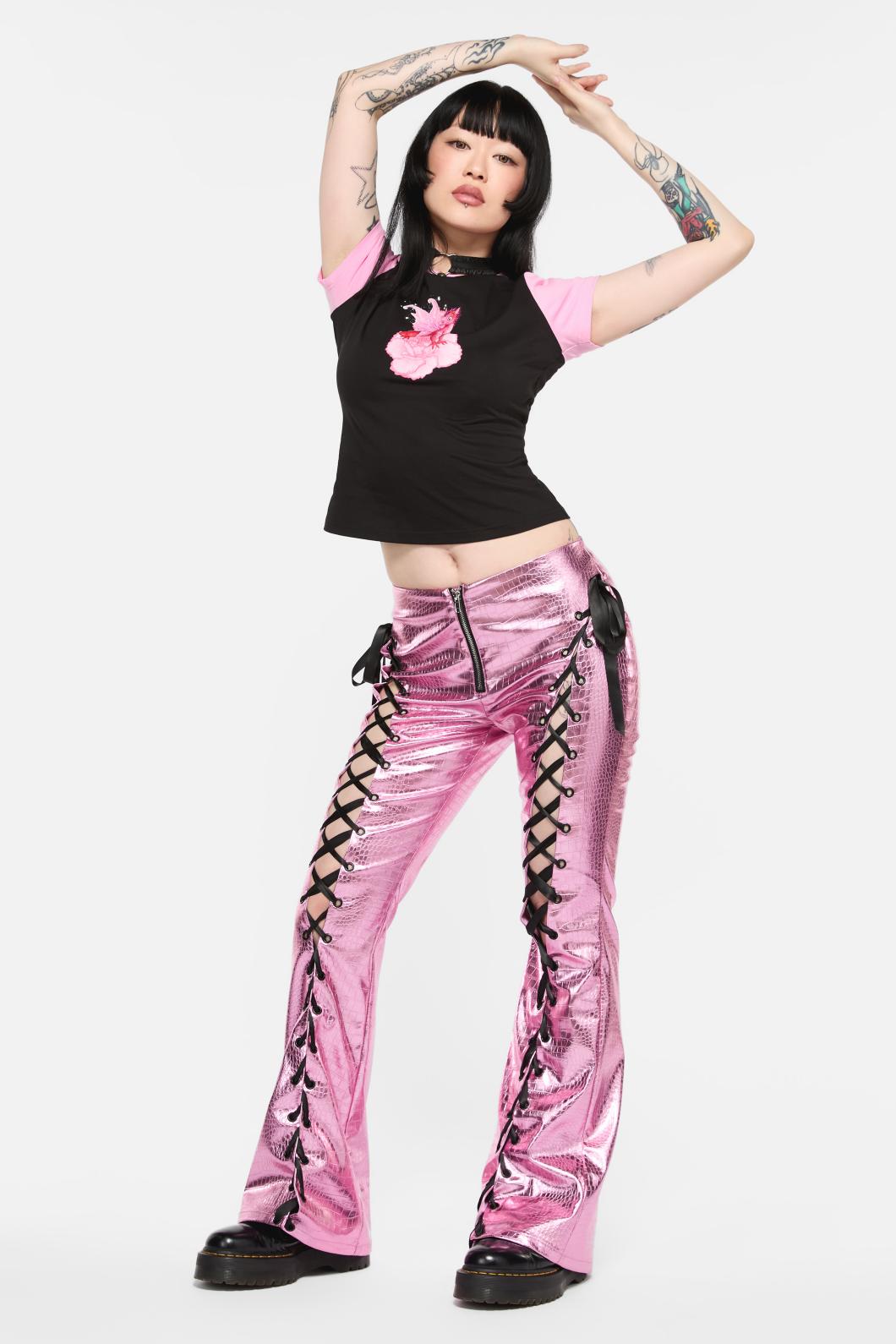Black Friday - Scales Lace Up PU Pant - pink