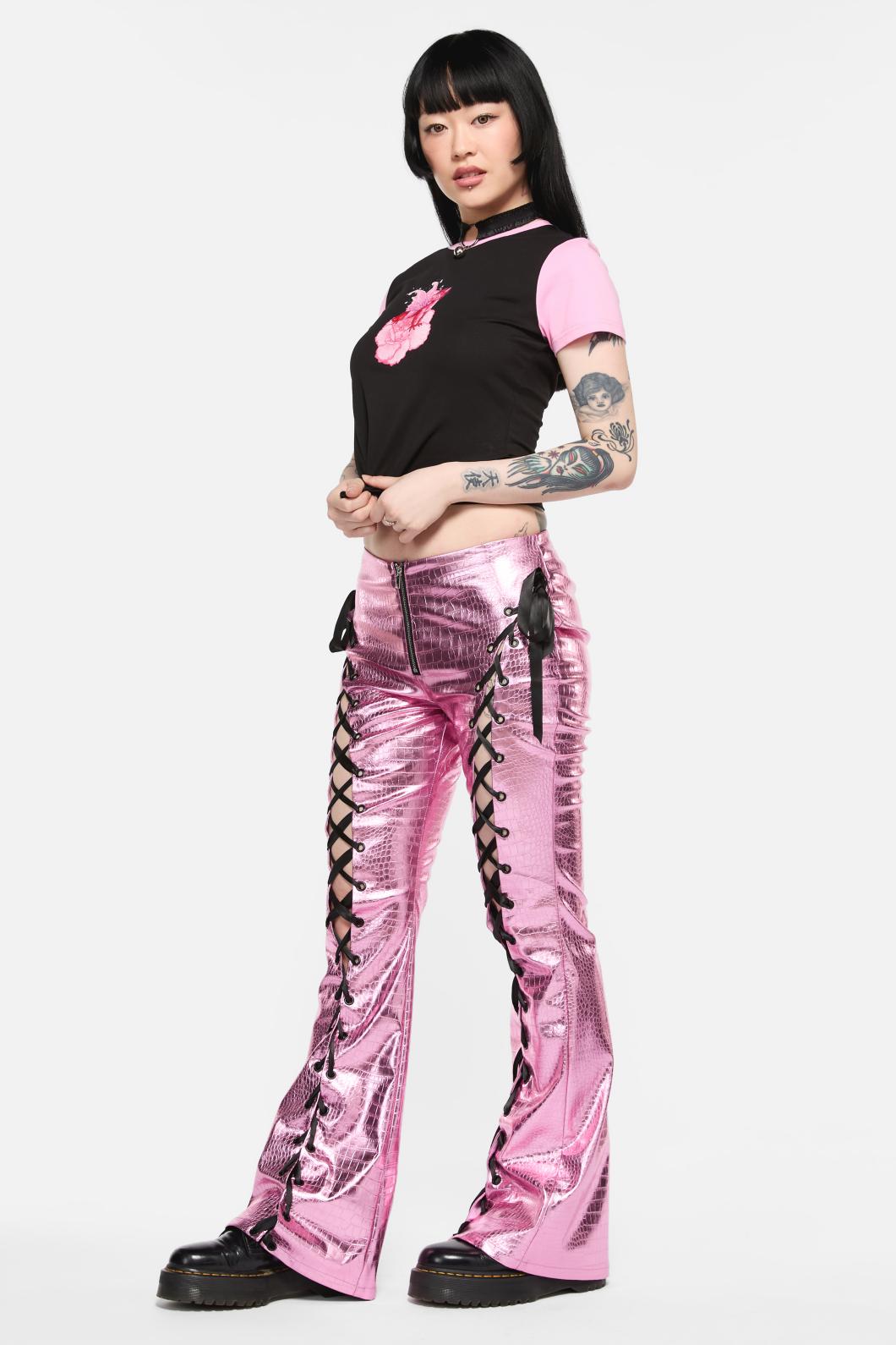 Black Friday - Scales Lace Up PU Pant - pink