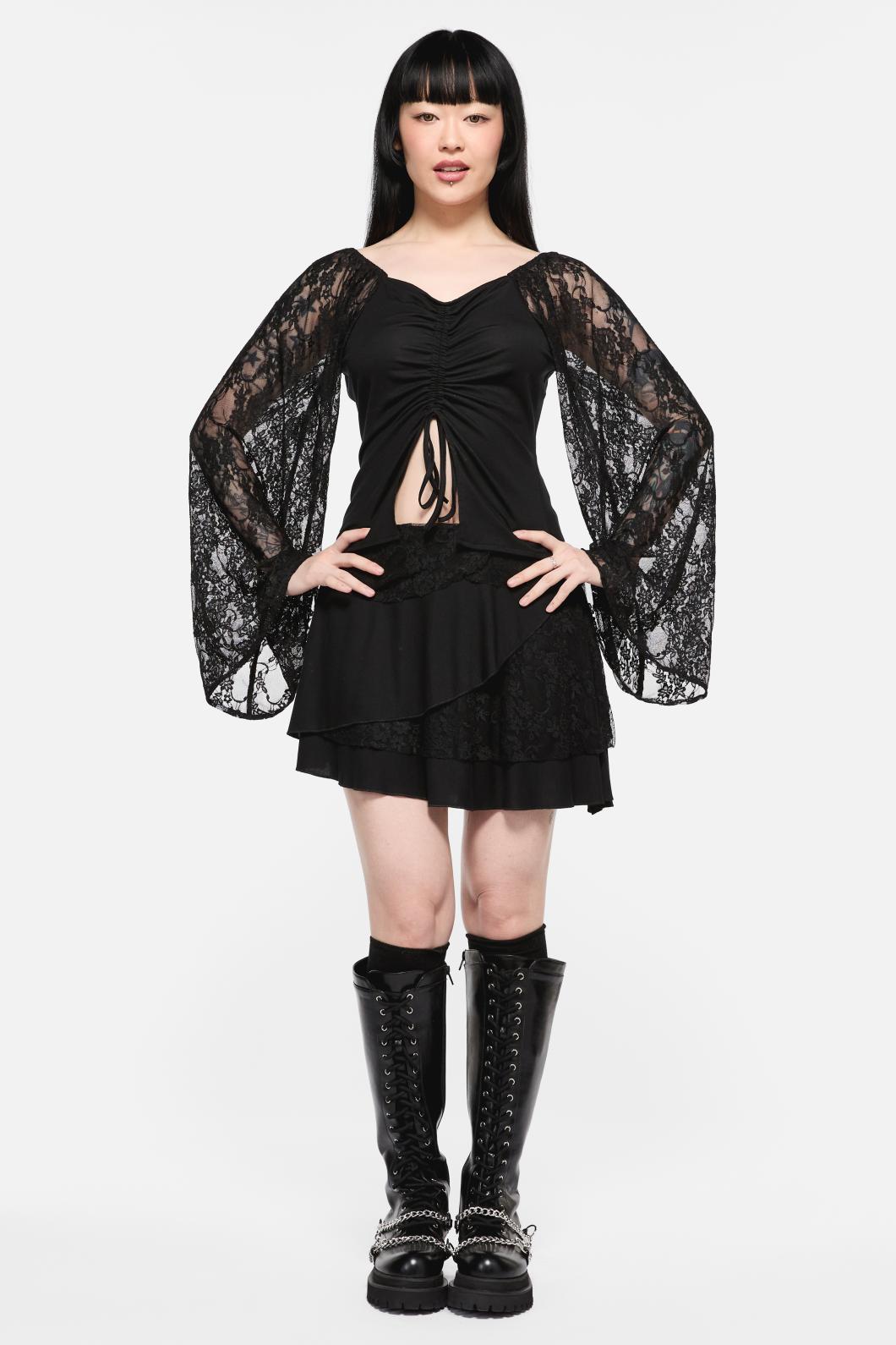 Black Friday - Dragons Grove Lace Sleeve Top - black