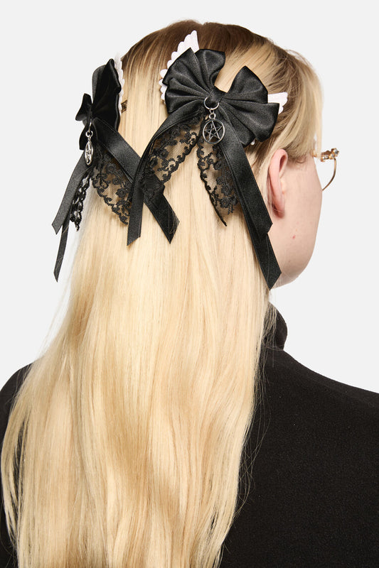 Black Friday - Winged Bow Hair Clip Set - black-white