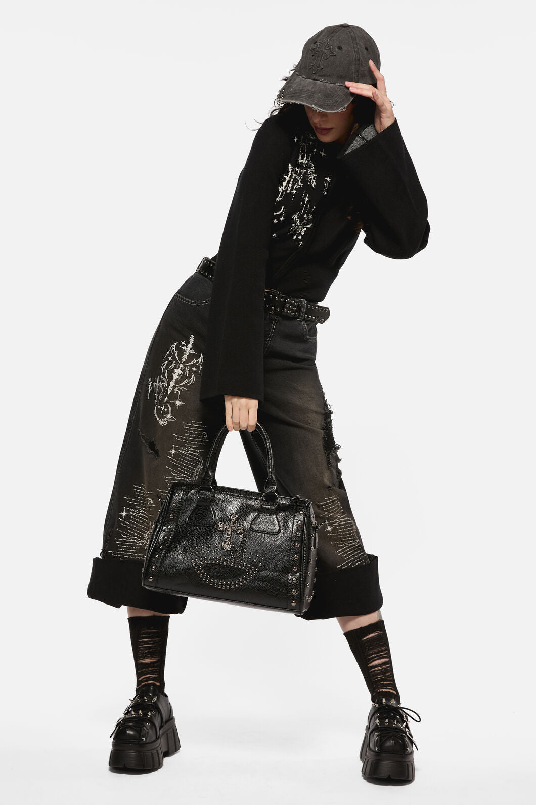 Black Friday - Pierced & Distressed Cross Cap - black