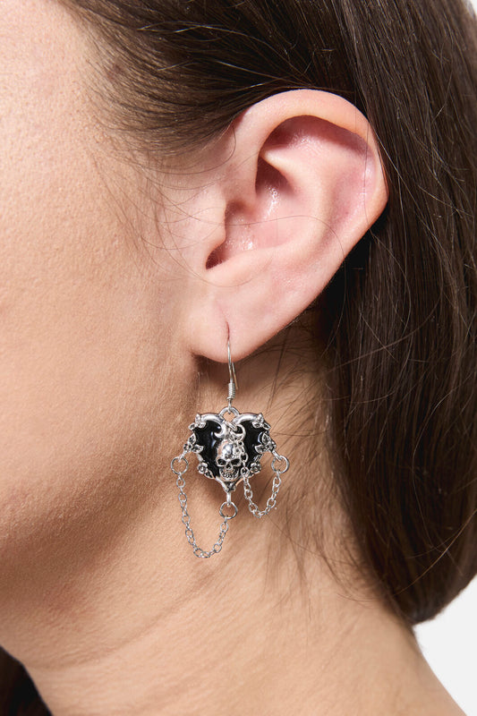 Black Friday - Chained Heart Skull Earrings - silver