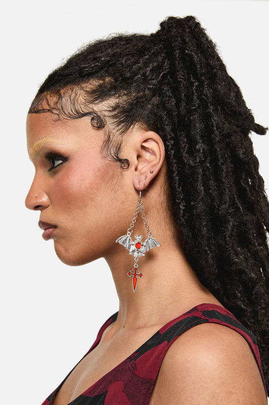 Black Friday - Bat Cross Earring - black-red