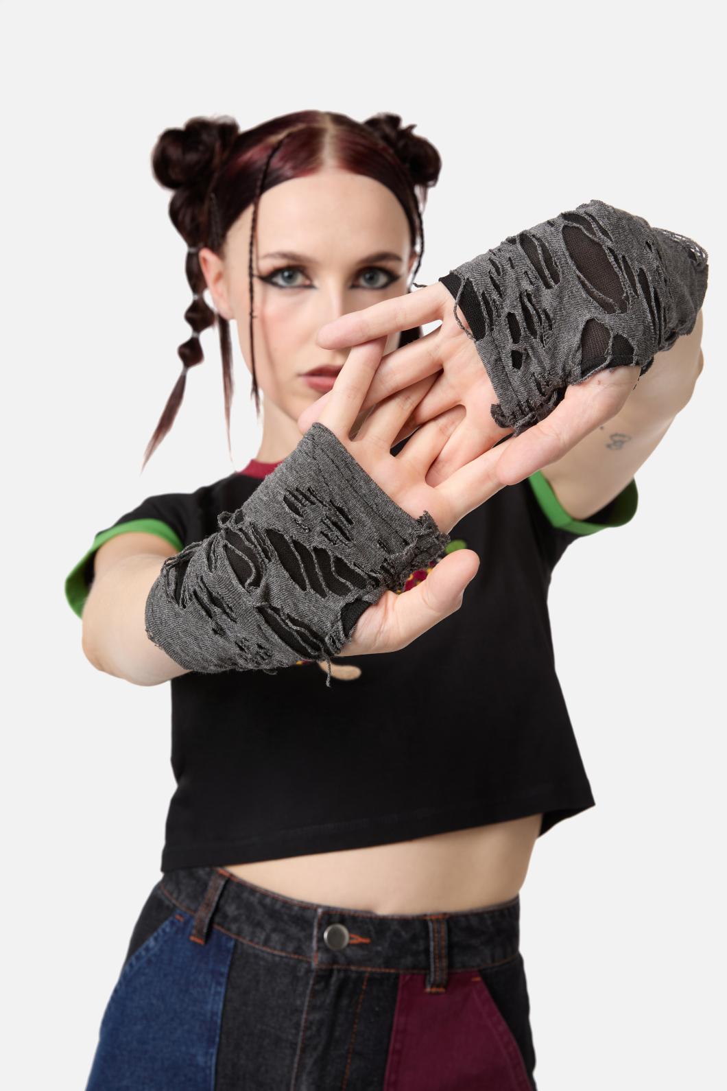 Black Friday - Faux Torn Fingerless Gloves - grey