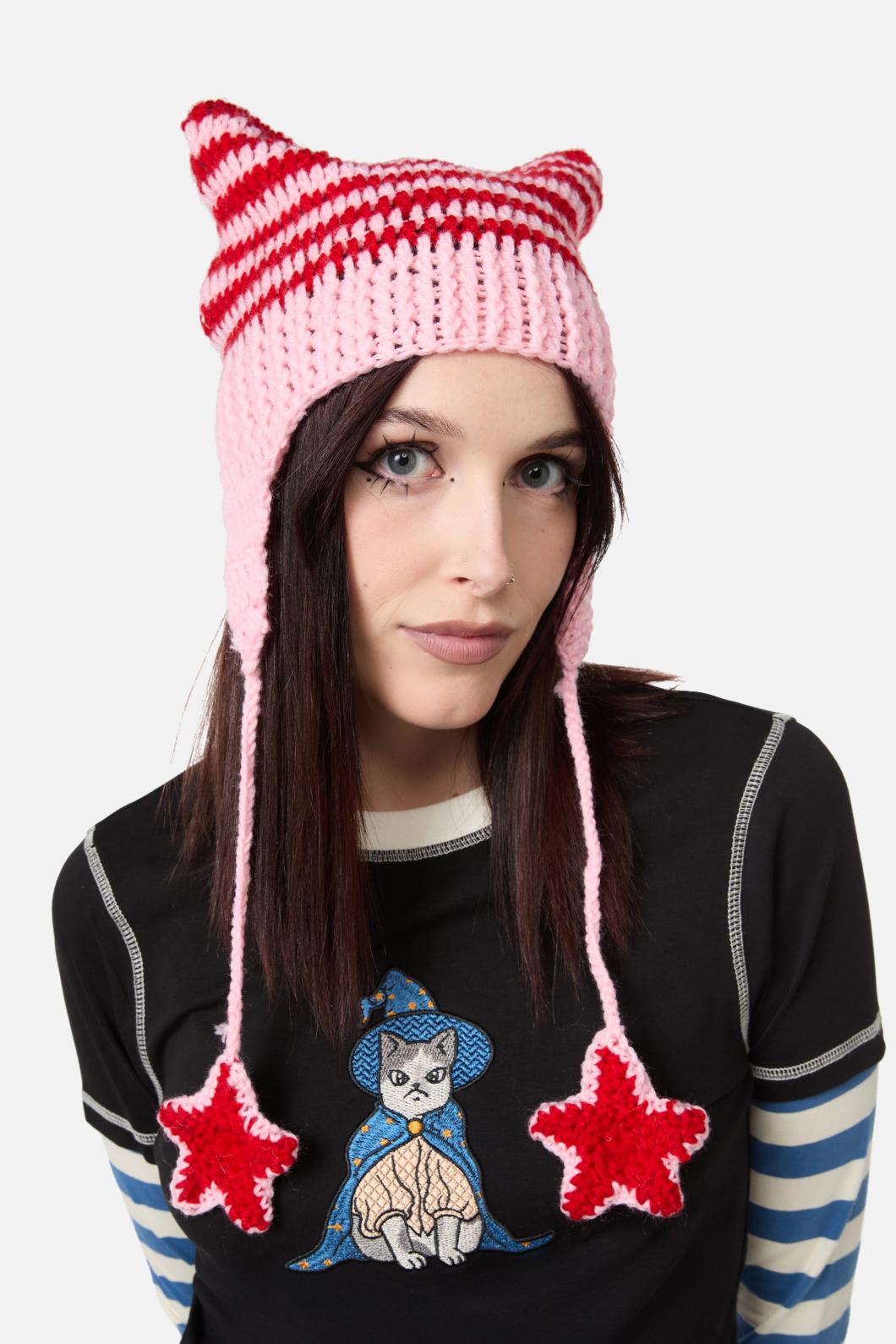 Black Friday - Pink Red Stripe Star Beanie - pink-red