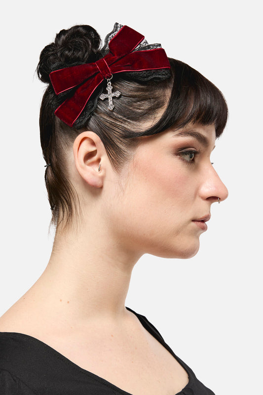 Black Friday - Velvet & Lace Crucifix Bow - dark-red