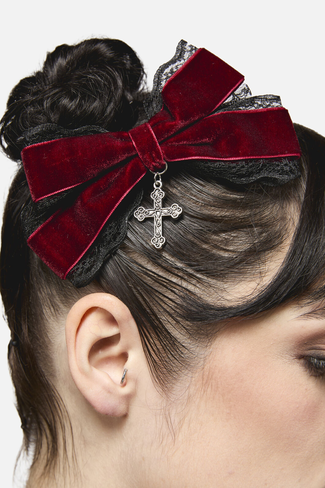 Black Friday - Velvet & Lace Crucifix Bow - dark-red