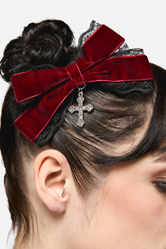 Black Friday - Velvet & Lace Crucifix Bow - dark-red