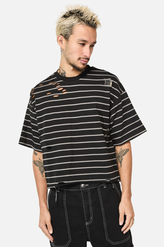 Dangerfield - Scribbles StripeyDistressedTee - black-grey