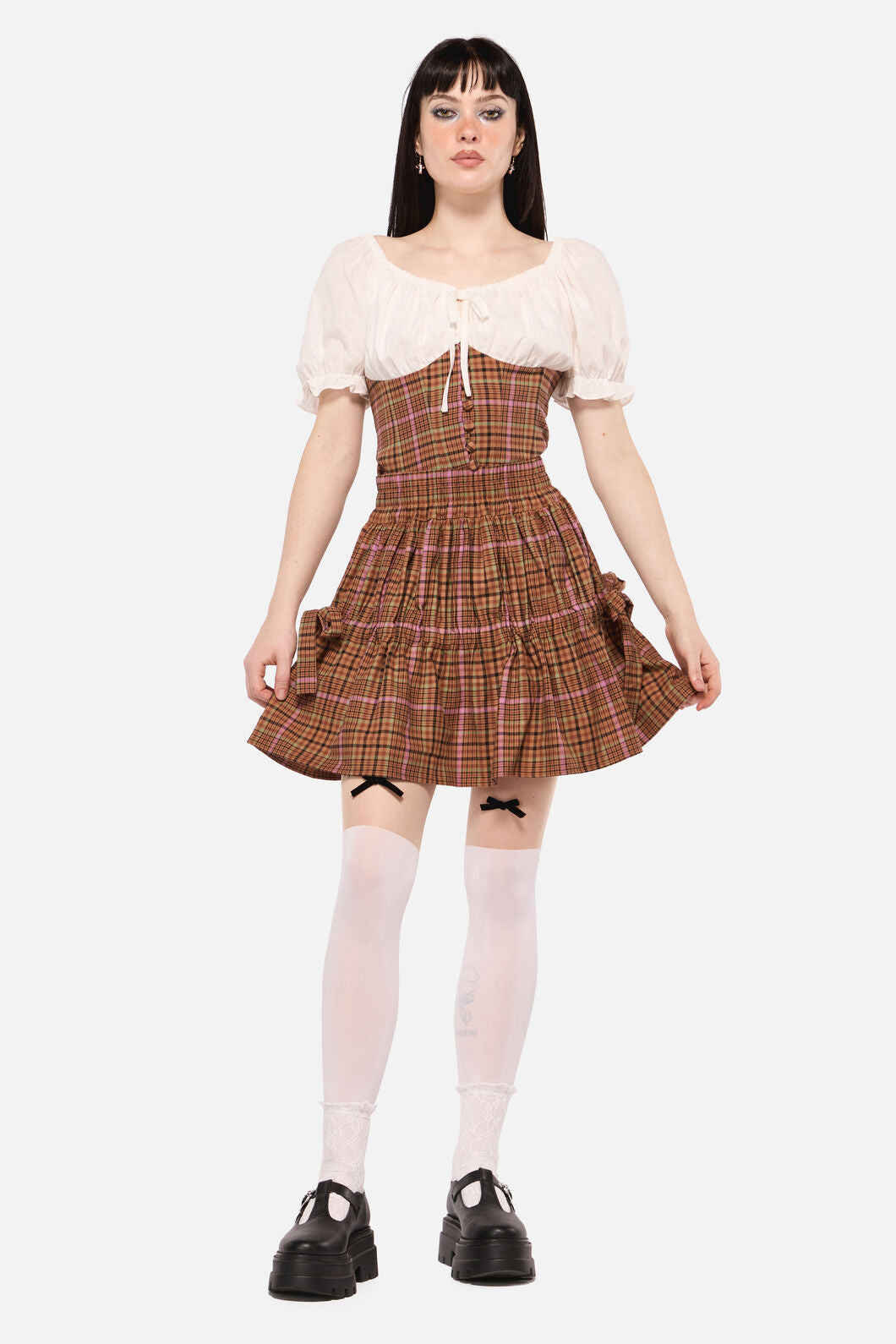 Dangerfield - Rustic Check Gathered Skirt - brown