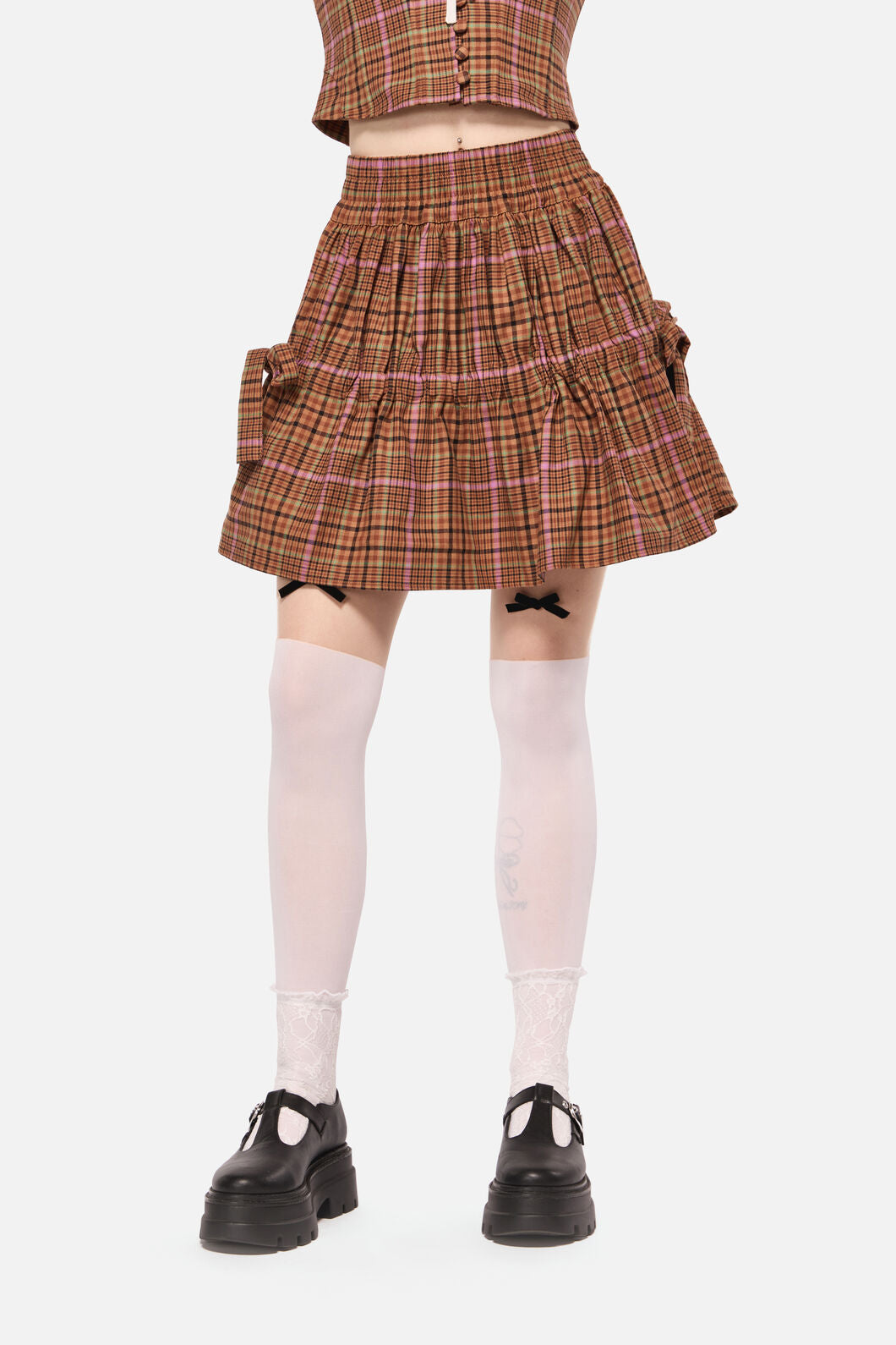 Dangerfield - Rustic Check Gathered Skirt - brown