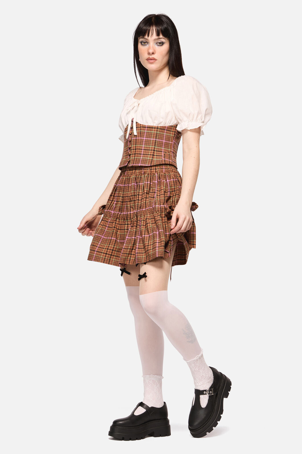 Dangerfield - Rustic Check Gathered Skirt - brown