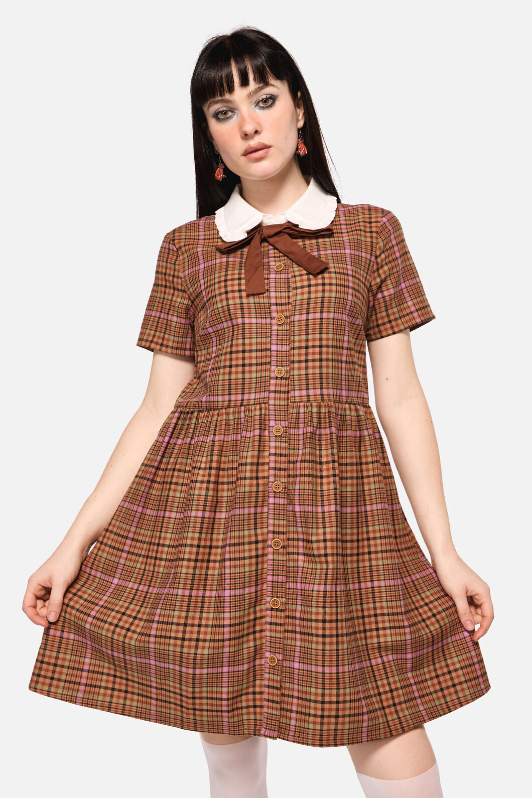 Dangerfield - Rustic Check Collar Dress - brown