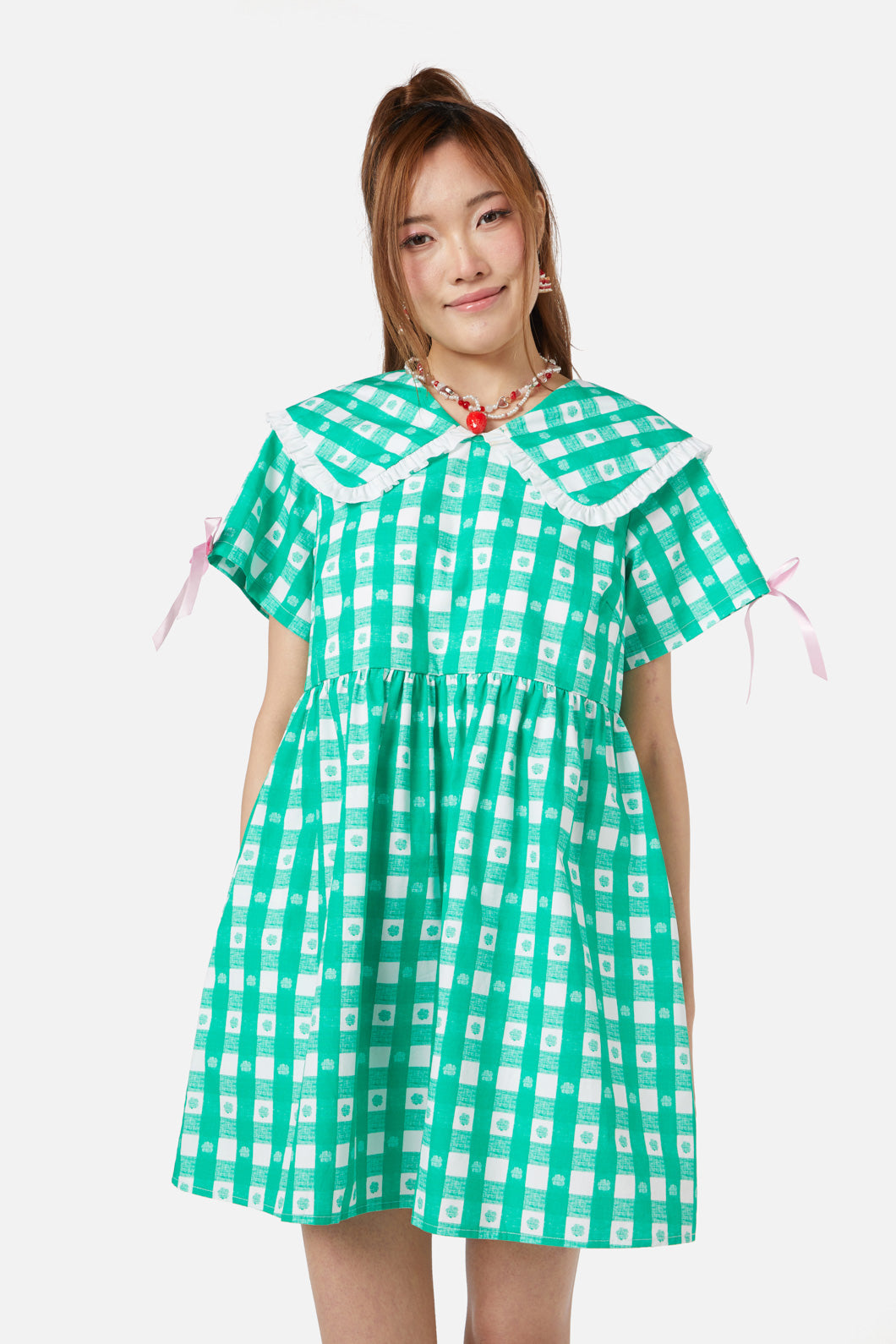 Dangerfield - Crush On U Gingham Babydoll Dress - green-white