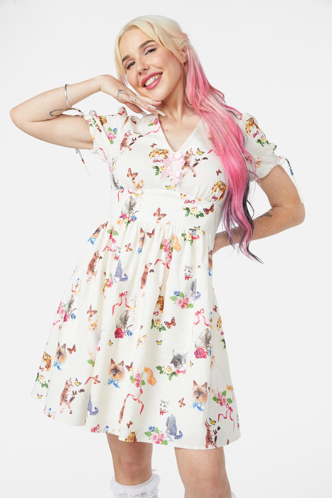 Dangerfield - Kitsch Kitty Print Dress - cream