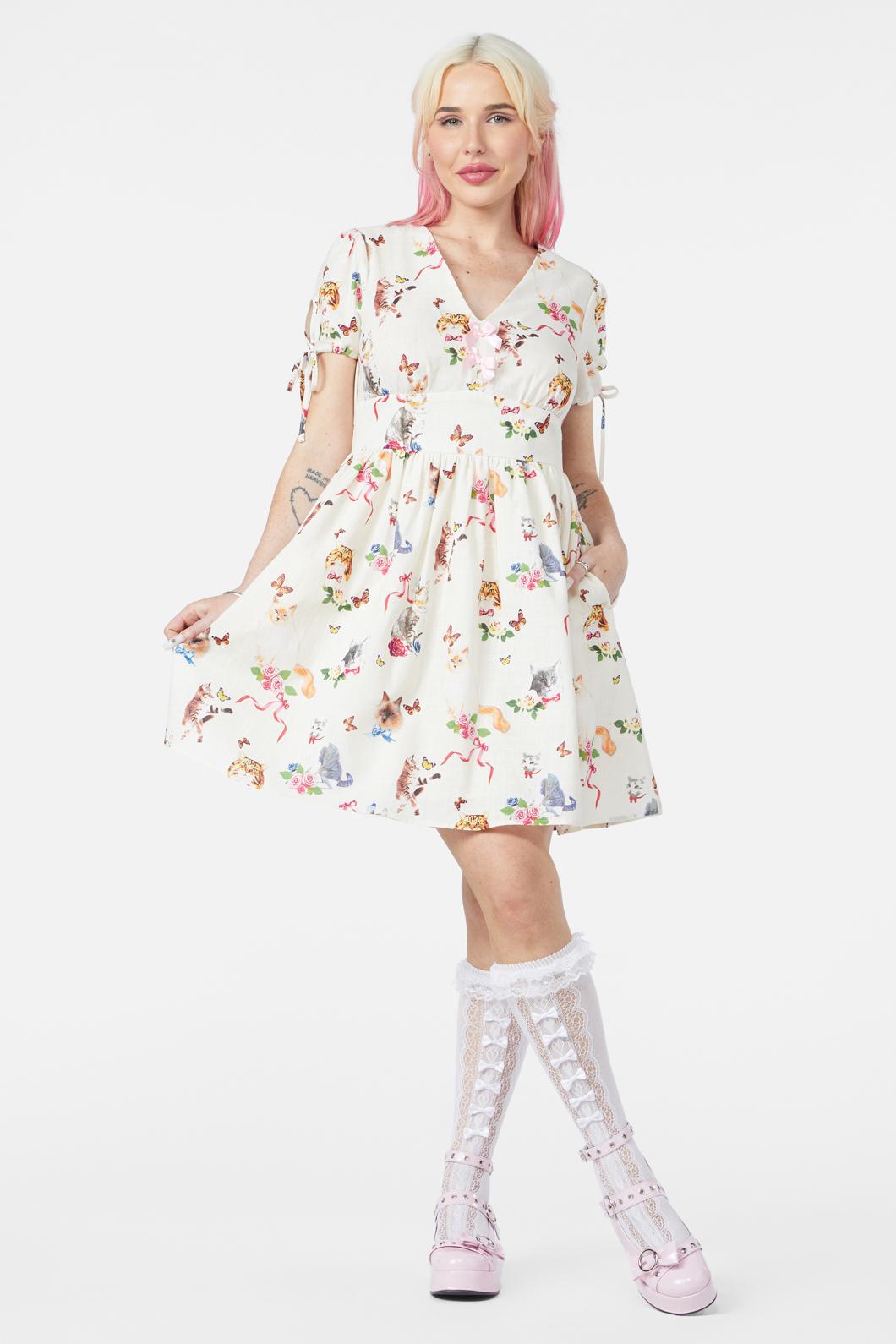 Dangerfield - Kitsch Kitty Print Dress - cream