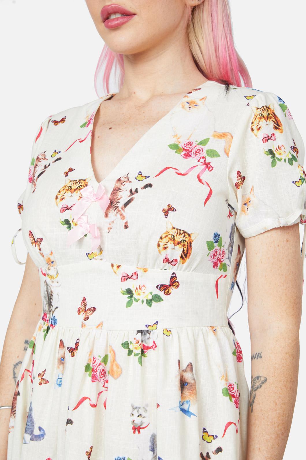 Dangerfield - Kitsch Kitty Print Dress - cream