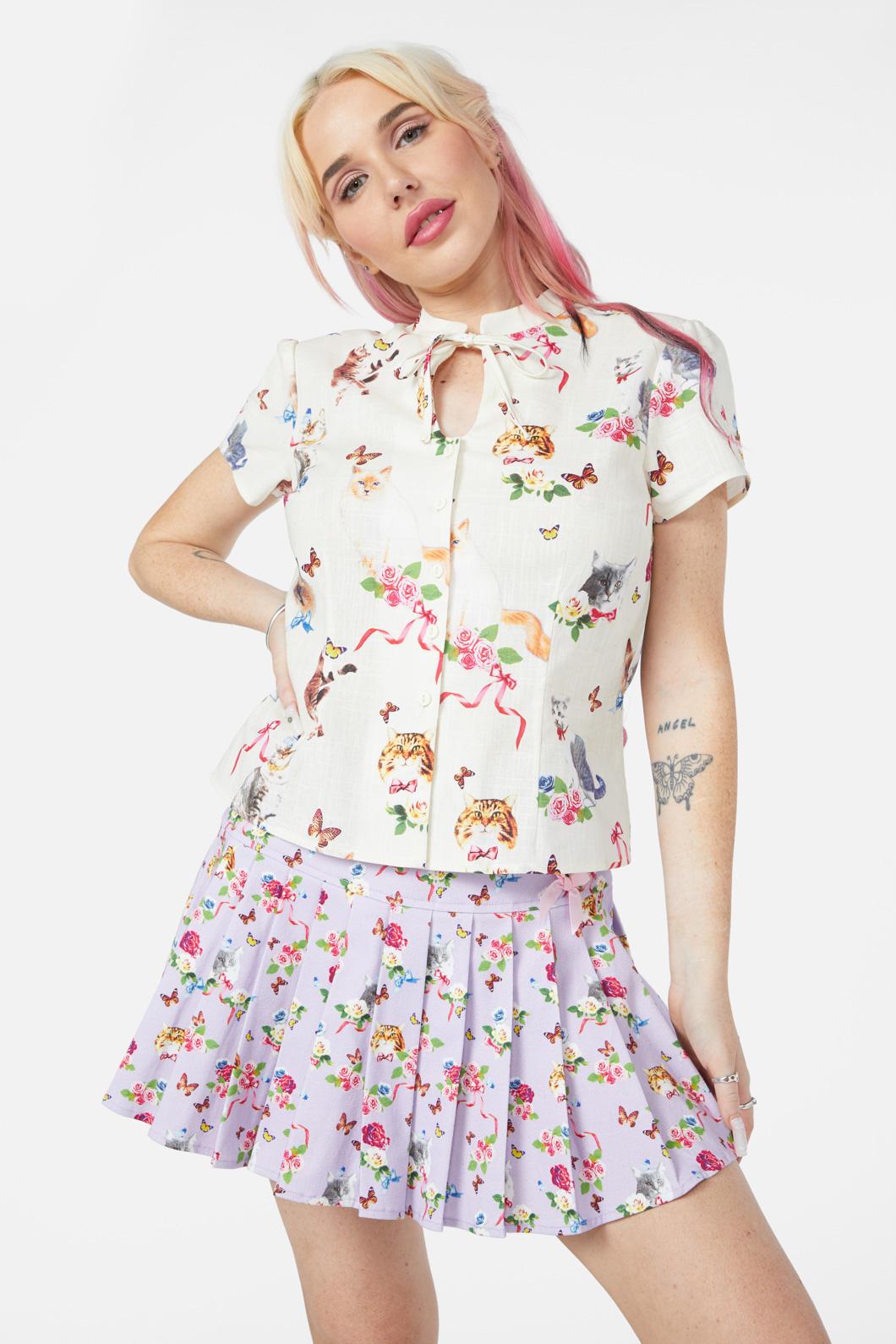 Dangerfield - Kitsch Kitty Print Blouse - cream