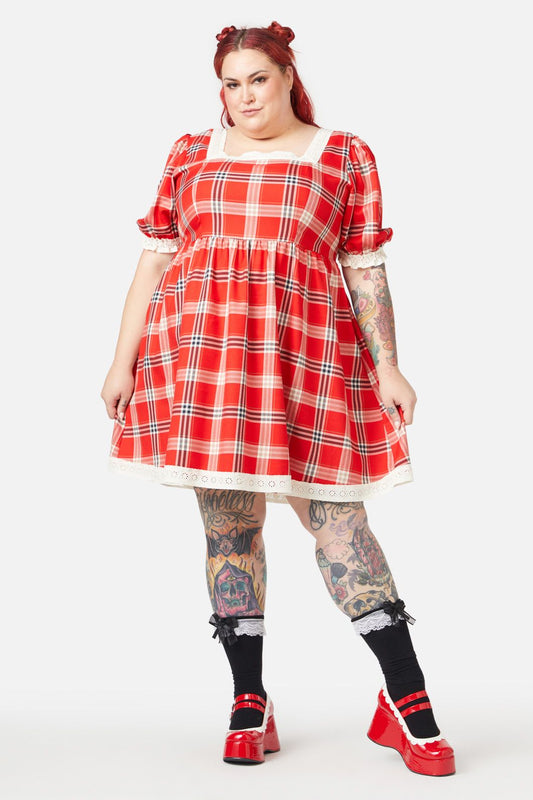 Dangerfield - Curve Queen Of Cats Tartan Dress - red