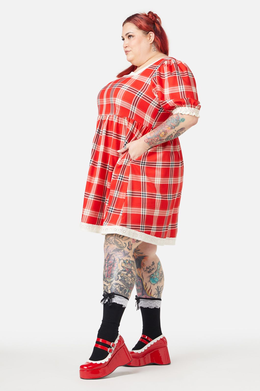 Dangerfield - Curve Queen Of Cats Tartan Dress - red