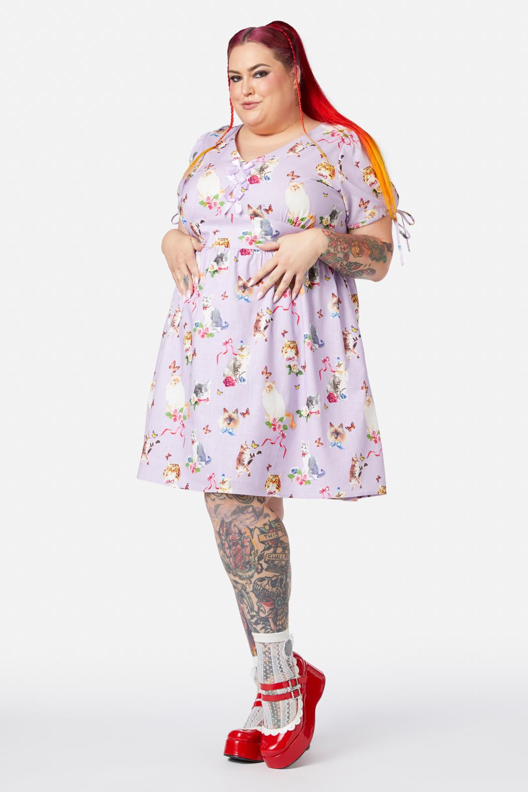 Dangerfield - Curve Kitsch Kitty Print Dress - purple