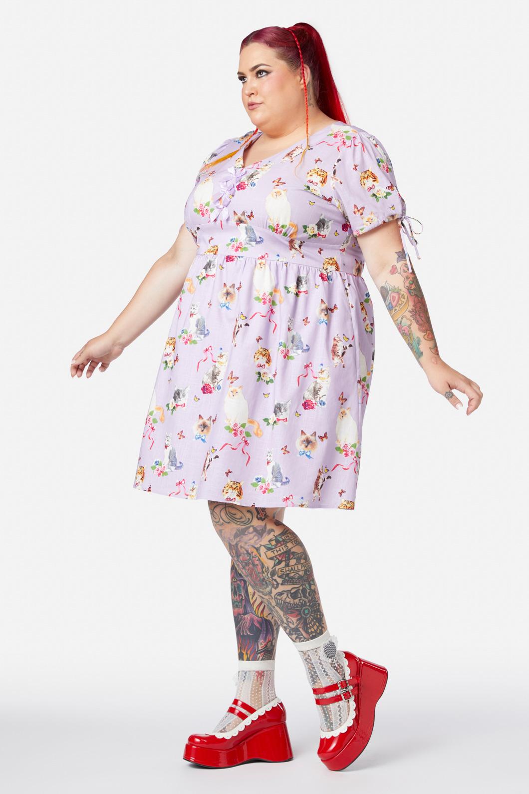 Dangerfield - Curve Kitsch Kitty Print Dress - purple