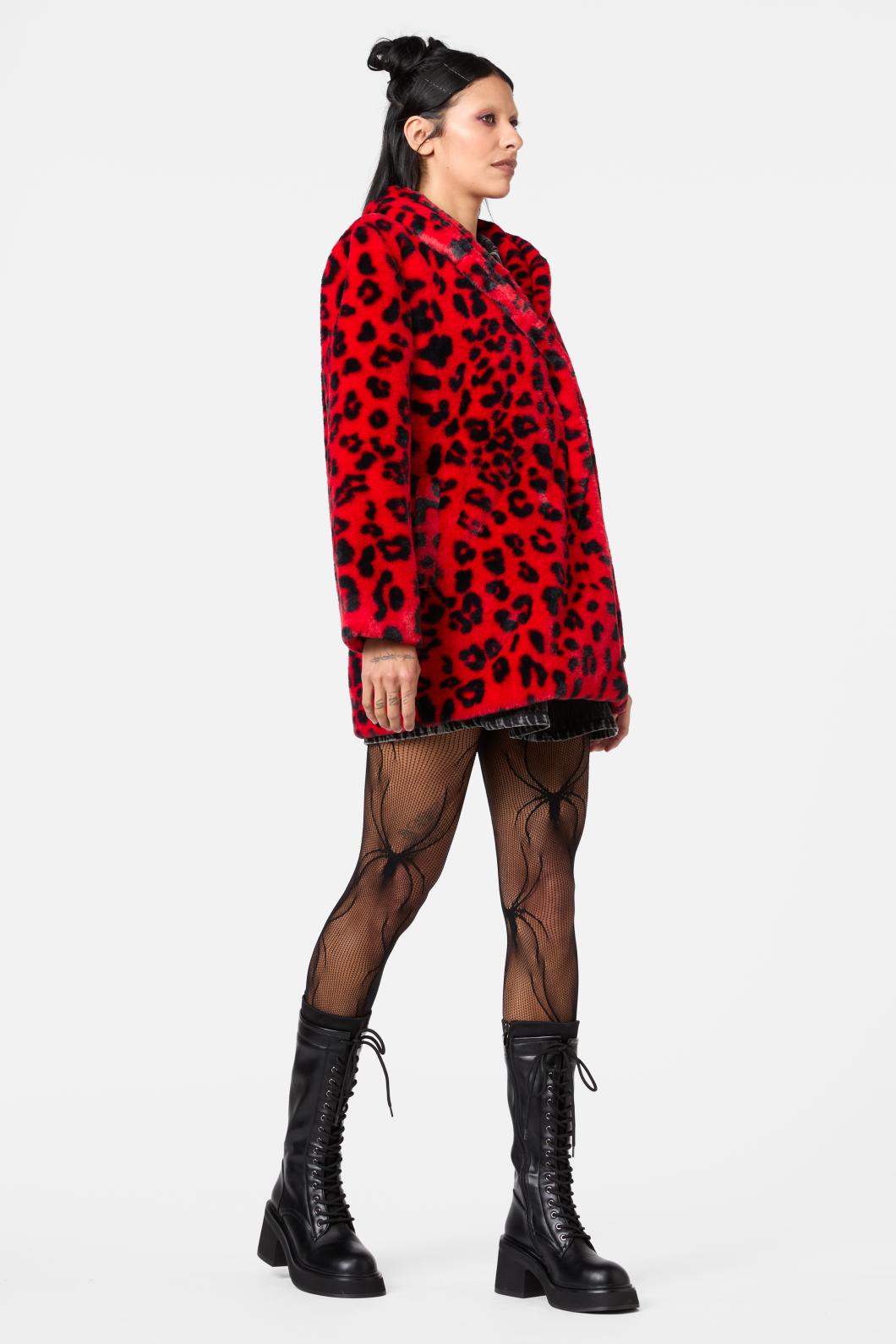 Dangerfield - Moggy Faux Fur Leopard Coat - red-black