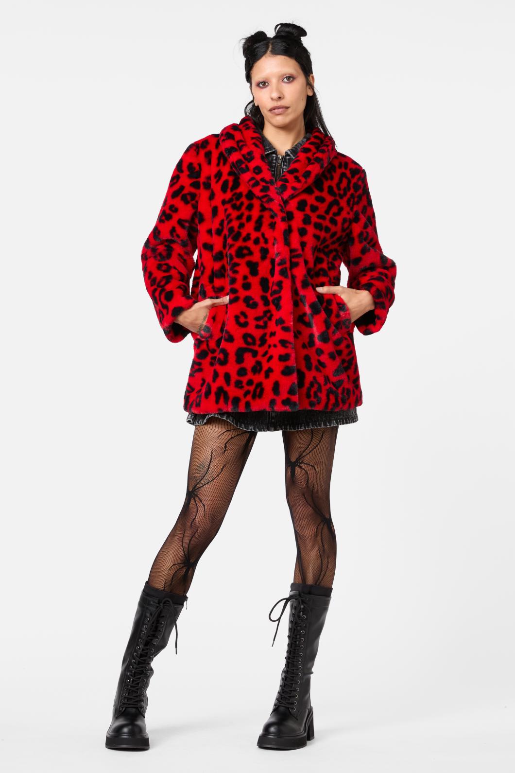 Dangerfield - Moggy Faux Fur Leopard Coat - red-black