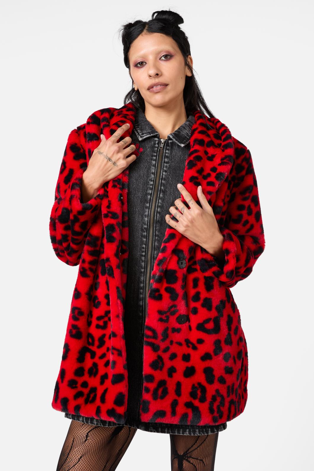 Dangerfield - Moggy Faux Fur Leopard Coat - red-black