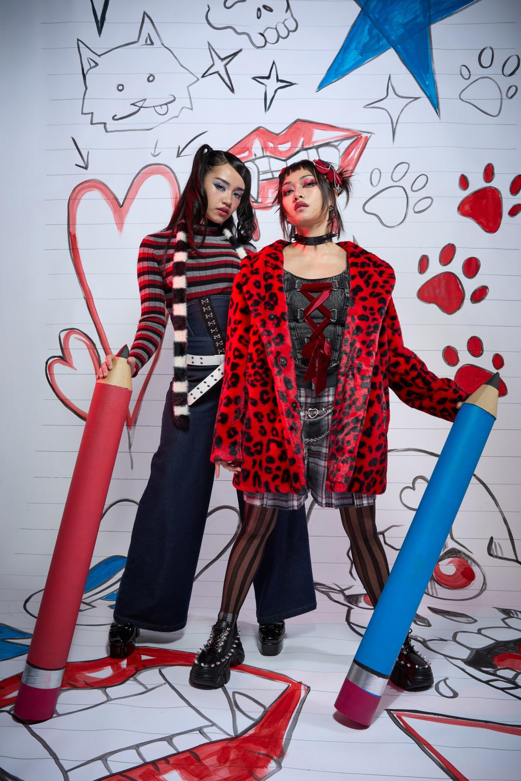 Dangerfield - Moggy Faux Fur Leopard Coat - red-black