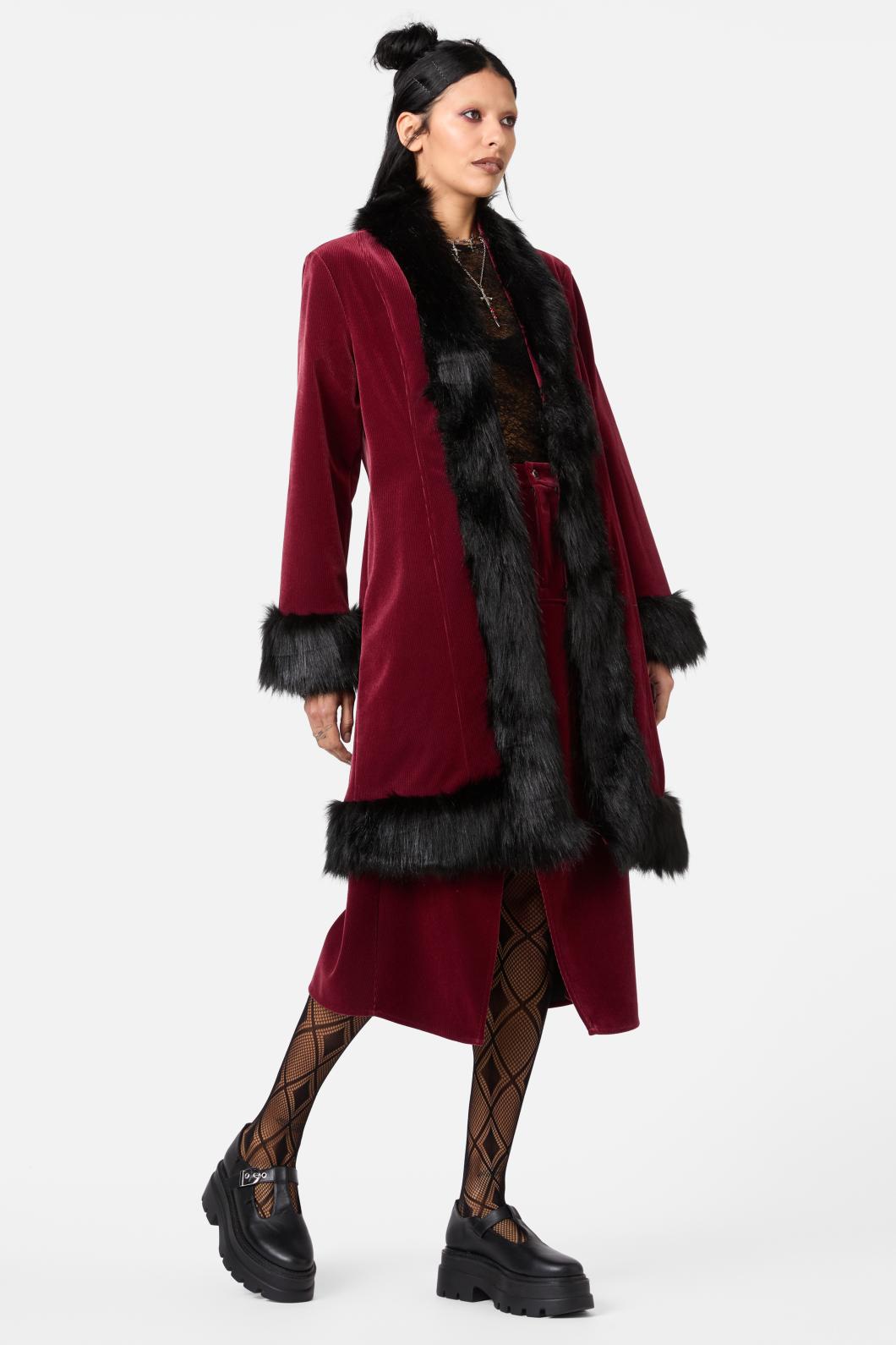 Dangerfield - Prestige Cord Fur Trim Coat - red-black