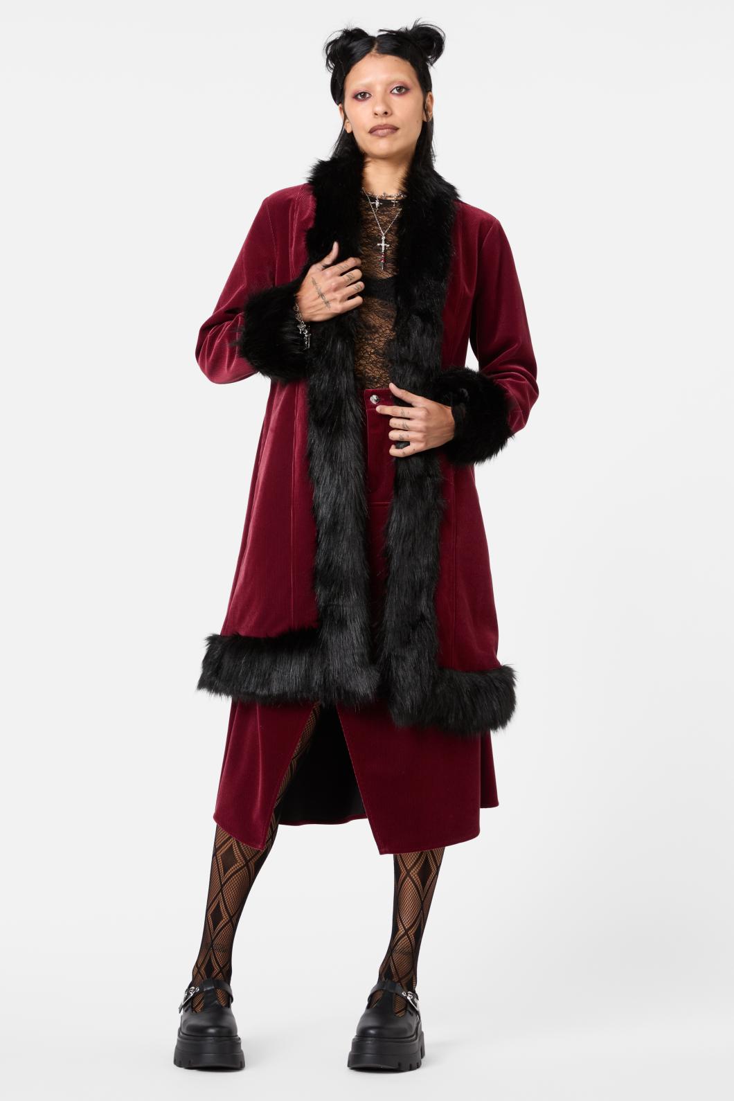 Dangerfield - Prestige Cord Fur Trim Coat - red-black