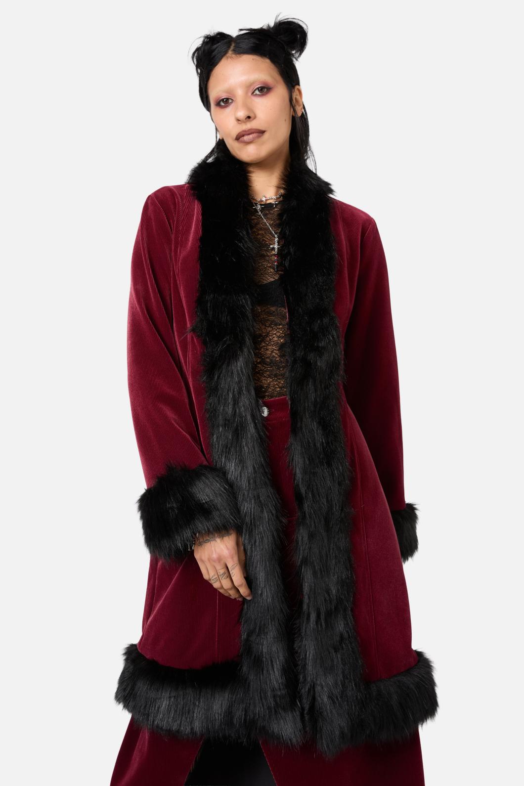 Dangerfield - Prestige Cord Fur Trim Coat - red-black