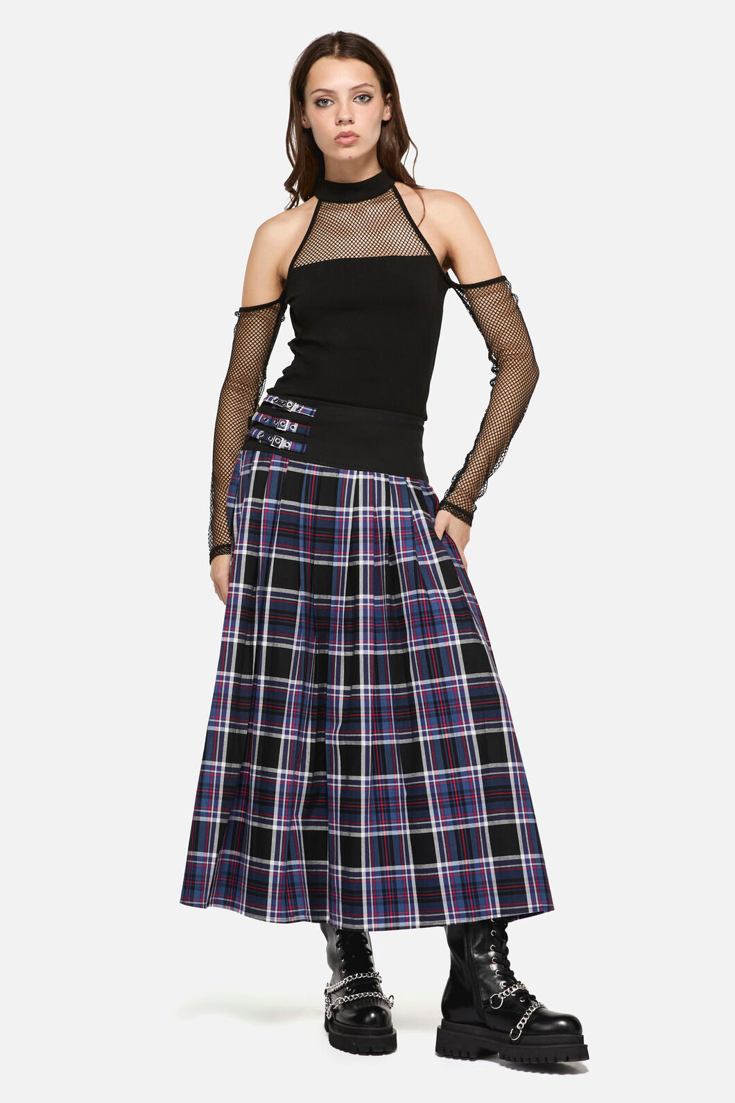 Dangerfield - Edgy Tartan Midi Skirt - blue-red
