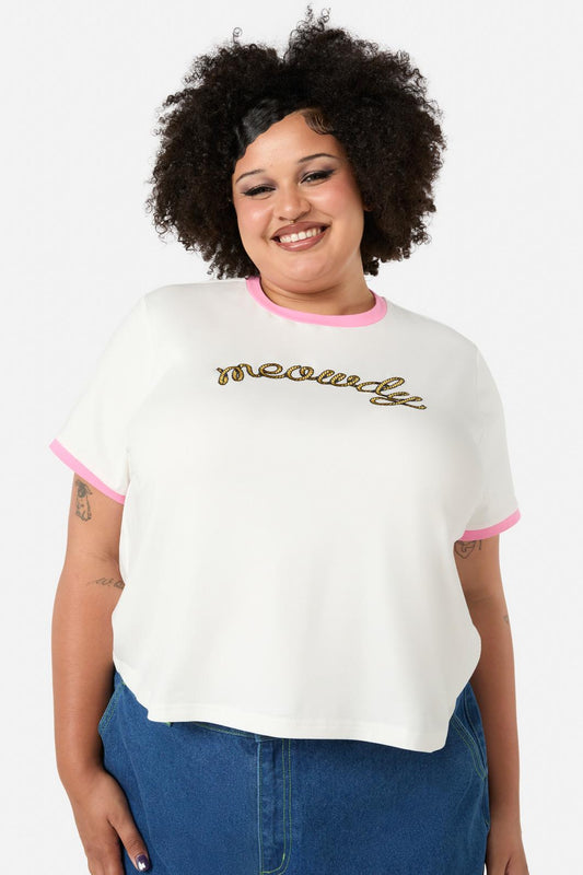 Dangerfield - Curve Meowdy Embroidered Tee - cream