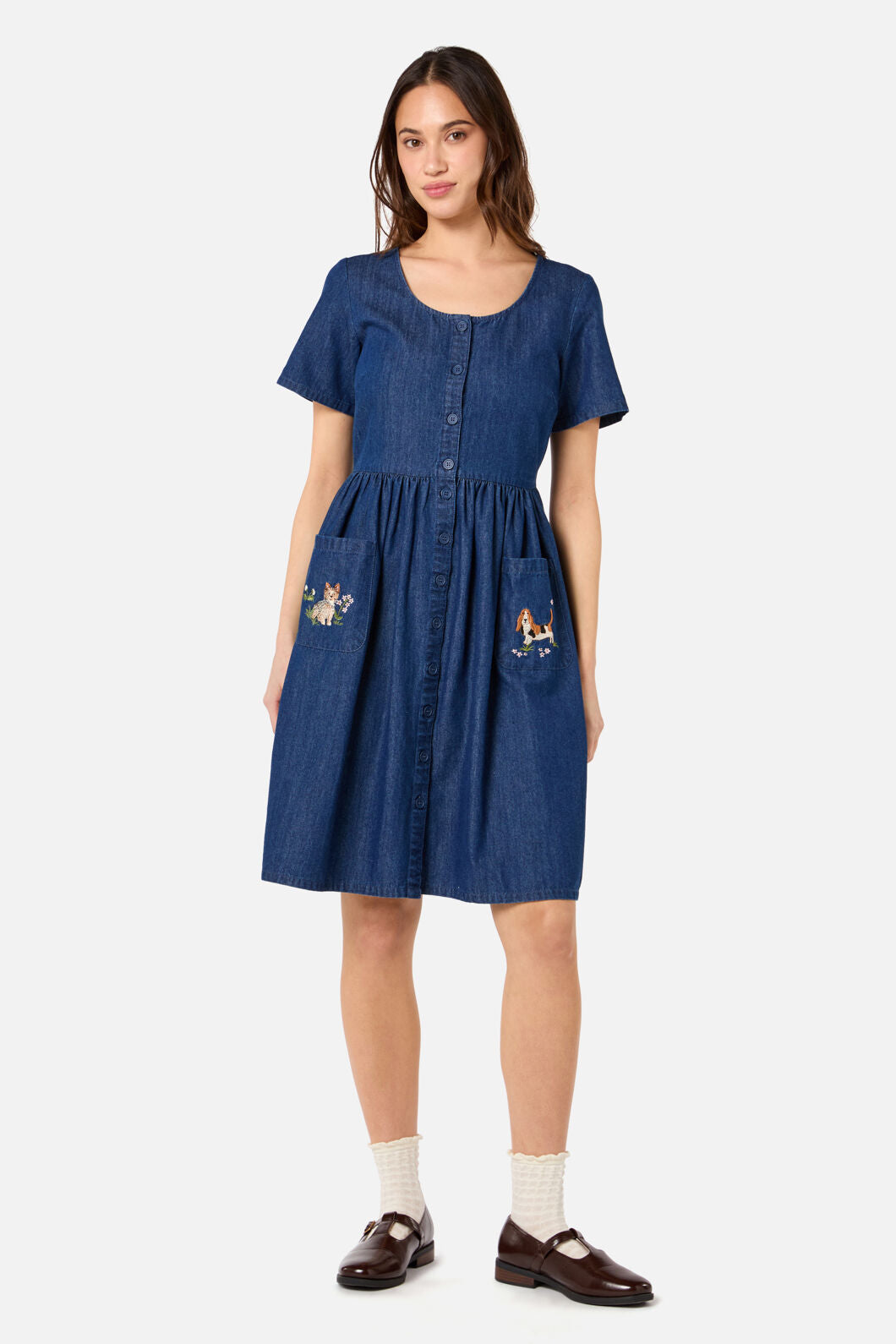 Princess Highway - Cute Dogs Embroidered Dress - mid-denim