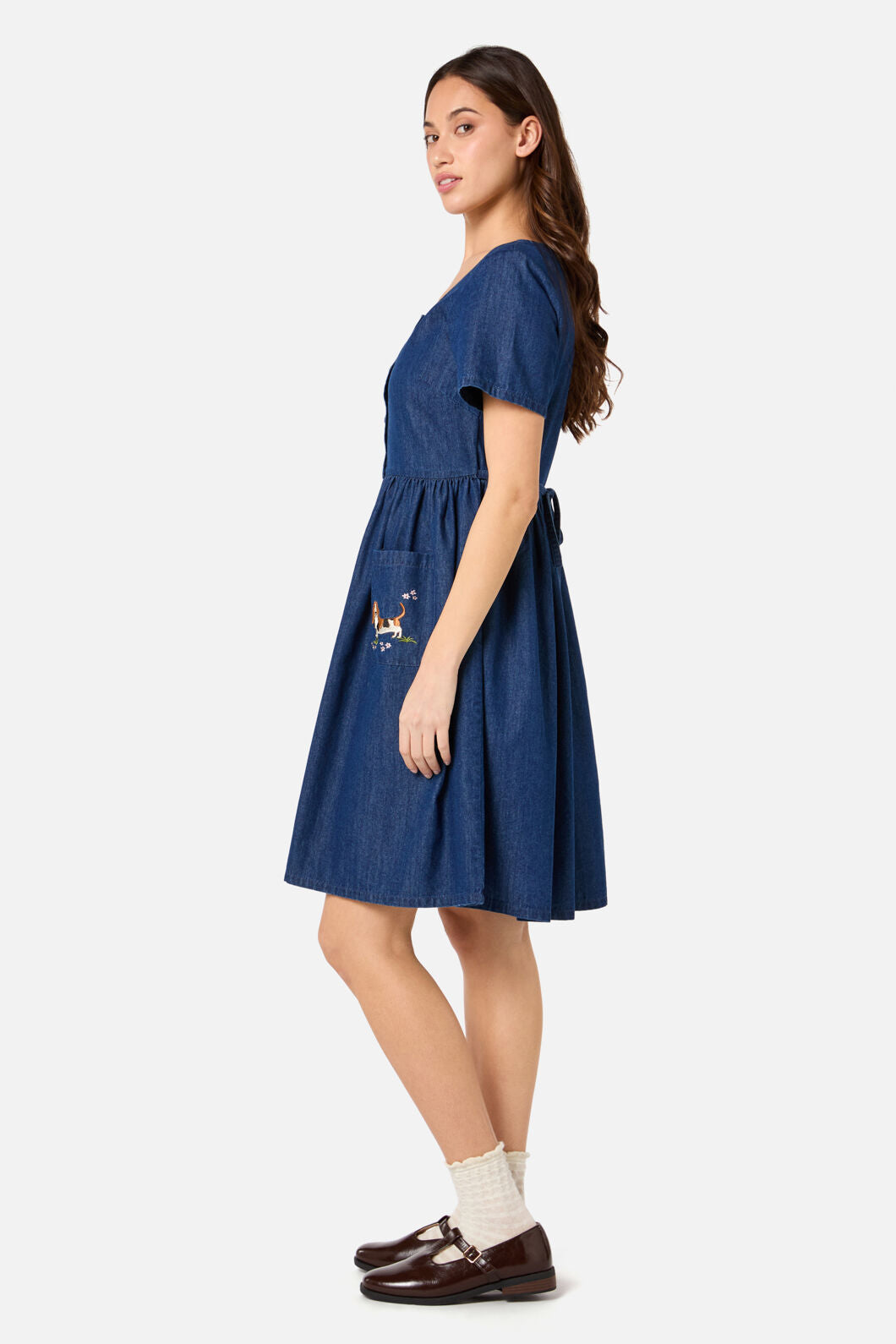 Princess Highway - Cute Dogs Embroidered Dress - mid-denim