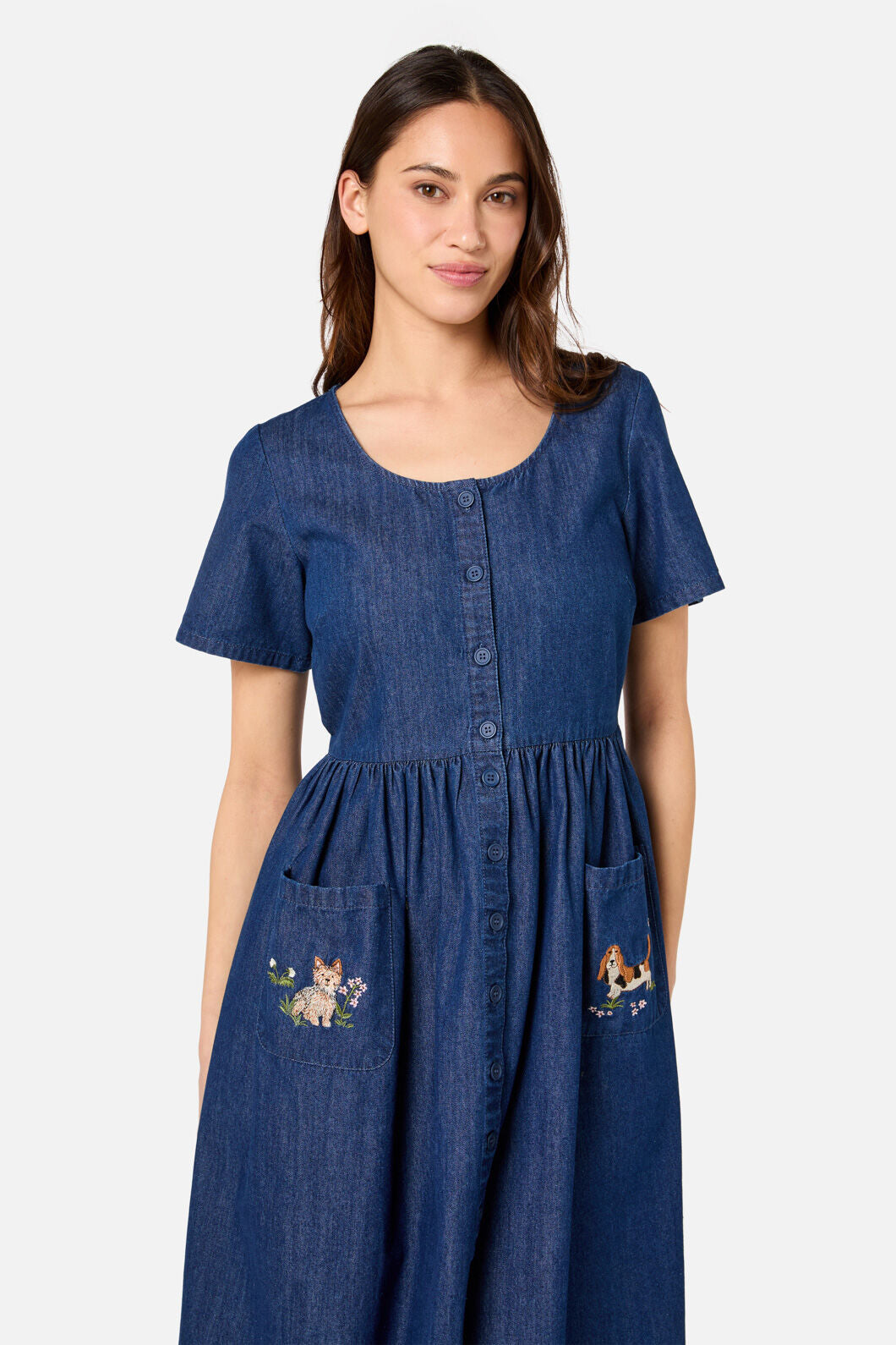 Princess Highway - Cute Dogs Embroidered Dress - mid-denim