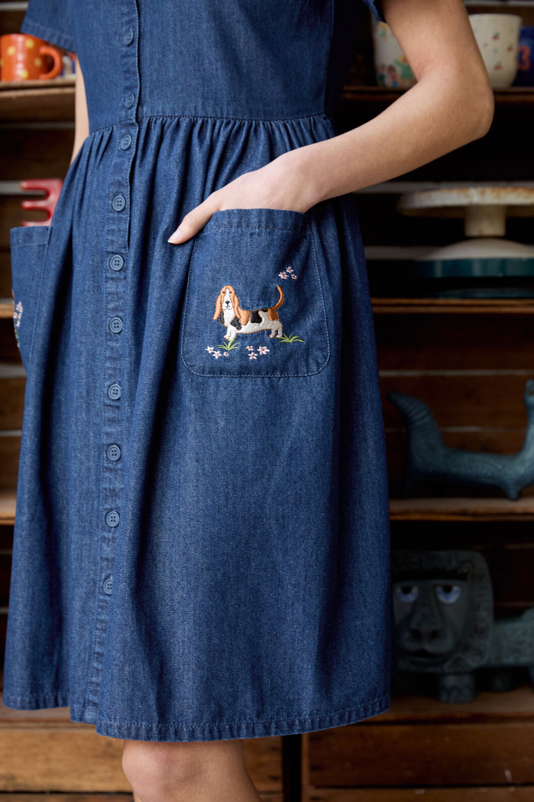 Princess Highway - Cute Dogs Embroidered Dress - mid-denim