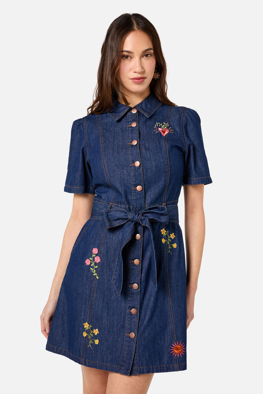 Princess Highway - Folk Art Denim Dress - mid-denim