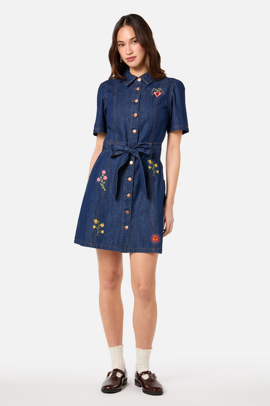 Princess Highway - Folk Art Denim Dress - mid-denim