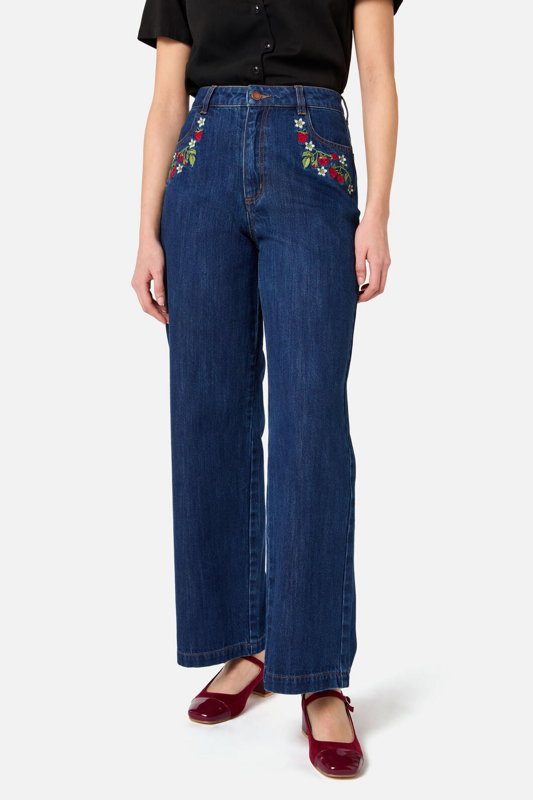 Princess Highway - Raspberry Embroidered Jean - blue-denim