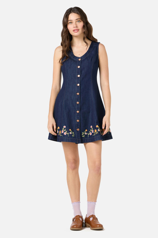 Princess Highway - Alyssa Embroidered Denim Dress - dark-denim