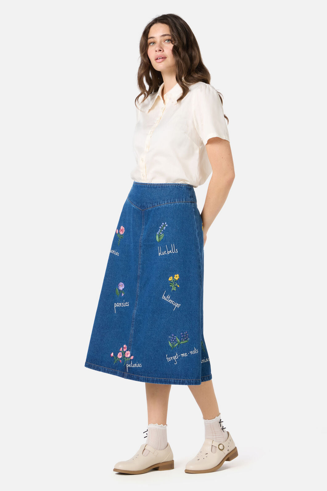 Princess Highway - Flower Patch Emb Denim Skirt - blue-denim