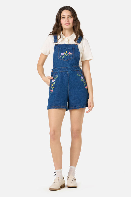 Princess Highway - Flower Patch Emb Short Overall - blue-denim