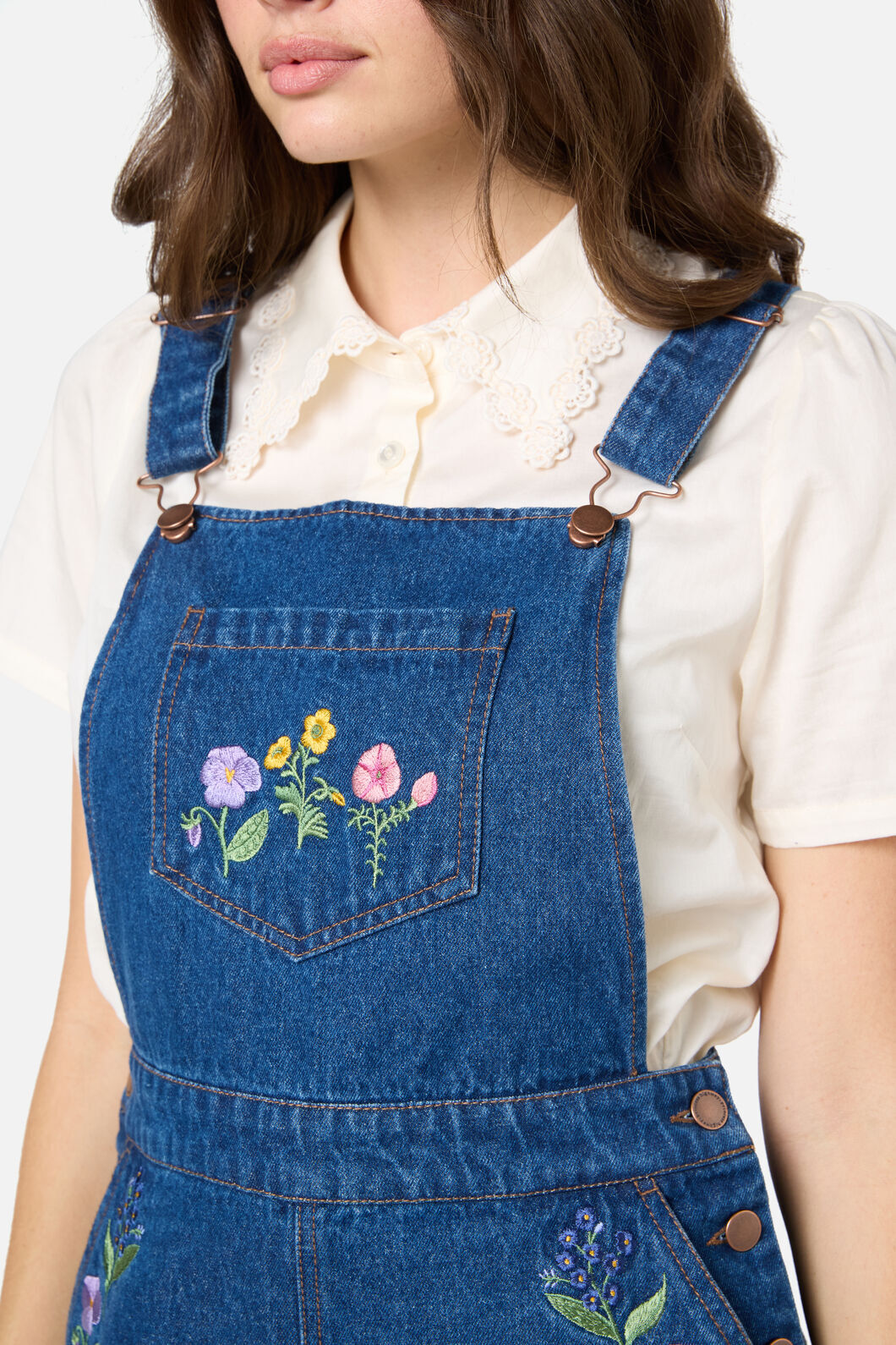 Princess Highway - Flower Patch Emb Short Overall - blue-denim
