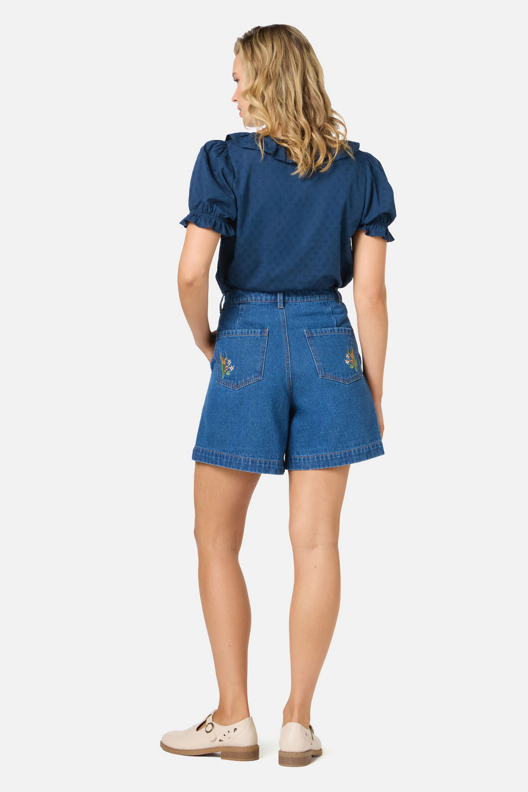 Princess Highway - Swan Embroidered Denim Short - blue-denim