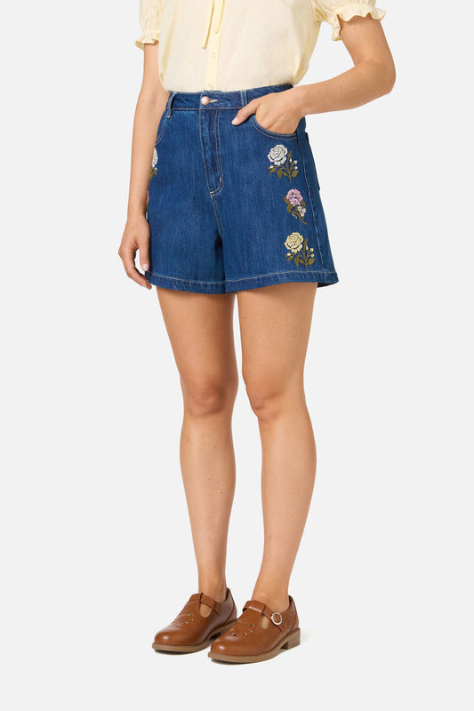 Princess Highway - Astrid Rose Embroidered Short - blue-denim